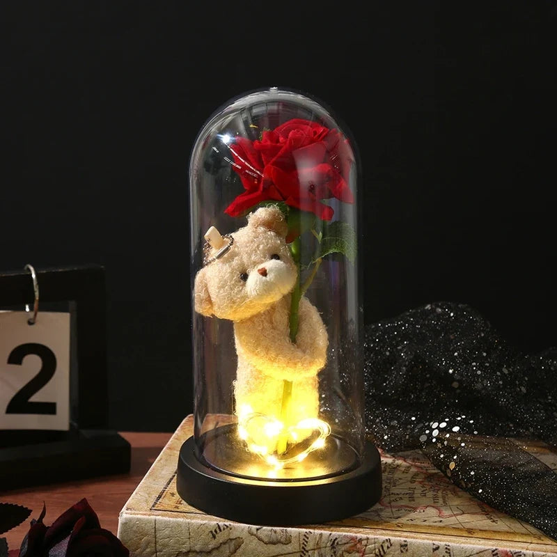 Artificial Rose Flowers Eternal Rose LED Light Foil Flower in Glass Cover Simulation Rose Flower Christmas Teachers' Day Gifts